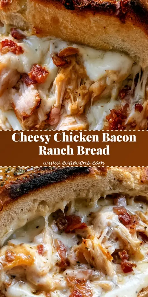 A handheld smartphone photo of a hollowed-out French bread loaf stuffed with melted mozzarella, shredded chicken, and crispy bacon, coated in a glistening garlic butter wash with parsley. (Chicken Bacon Ranch Stuffed Bread)