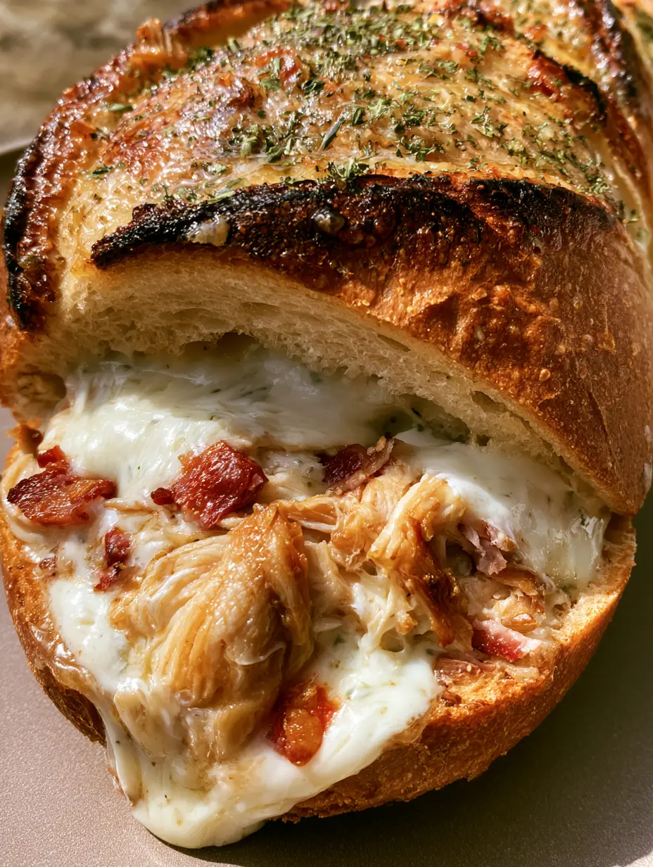 Close up of the charred edges and melted cheese filling of the Chicken Bacon Ranch Stuffed Bread.