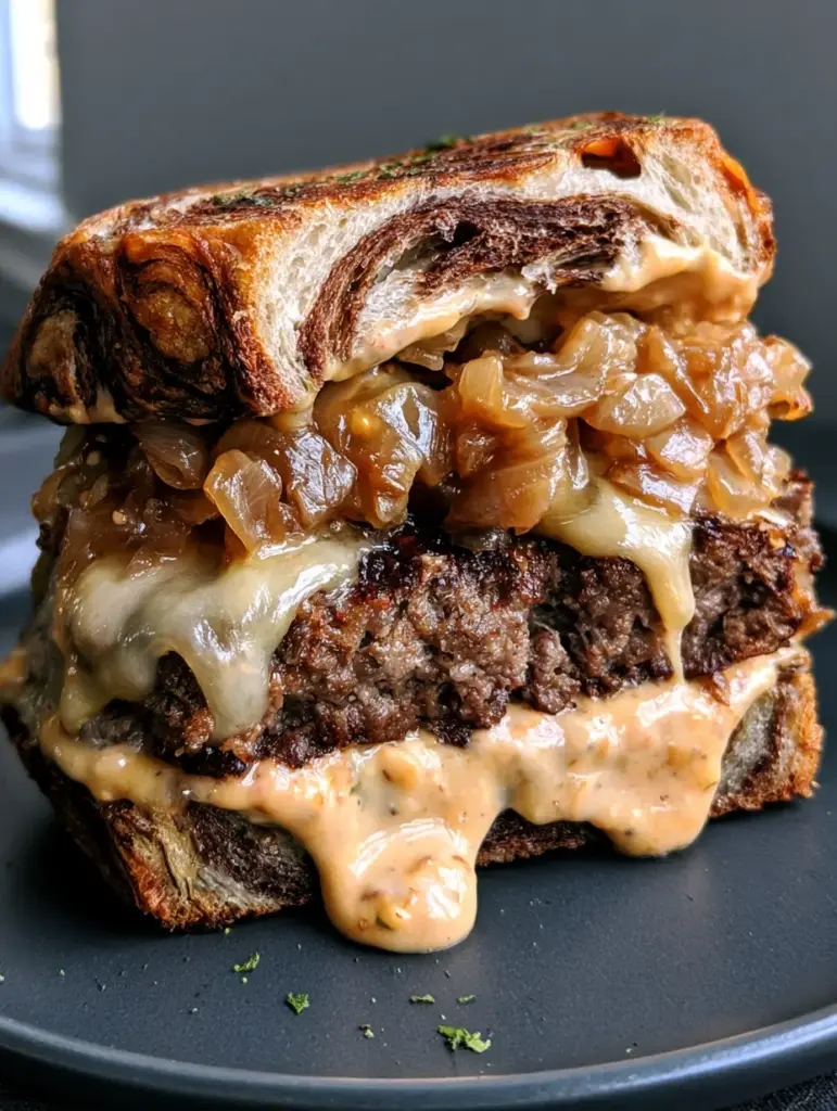 Patty Melt Recipe: The Ultimate Gourmet Diner Classic 1 Toasted marble rye bread crust with dried parsley flakes on a Patty Melt sandwich.