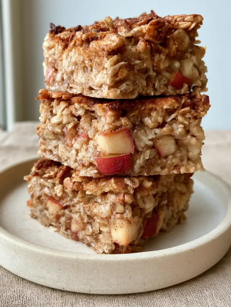 High-angle shot of a stack of Apple Cinnamon Oat Bars showing the toasted whole oat texture and diced red apples.