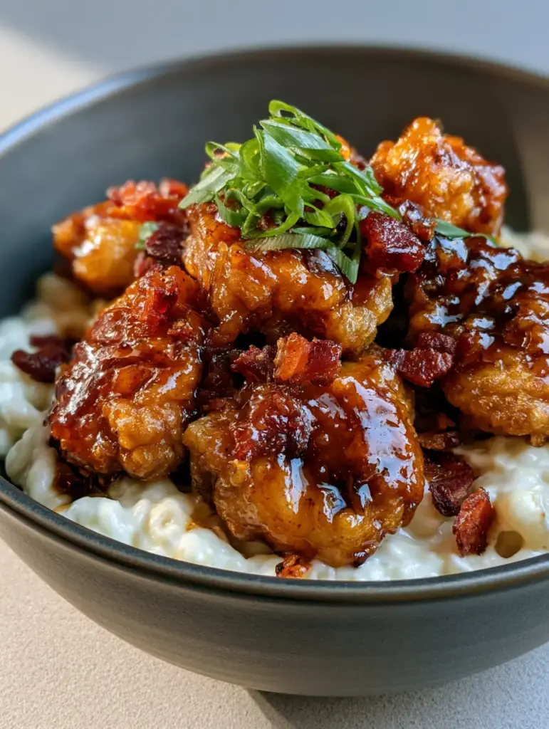 Close up shot of golden-brown breaded chicken pieces thoroughly coated in a glossy honey pepper glaze.