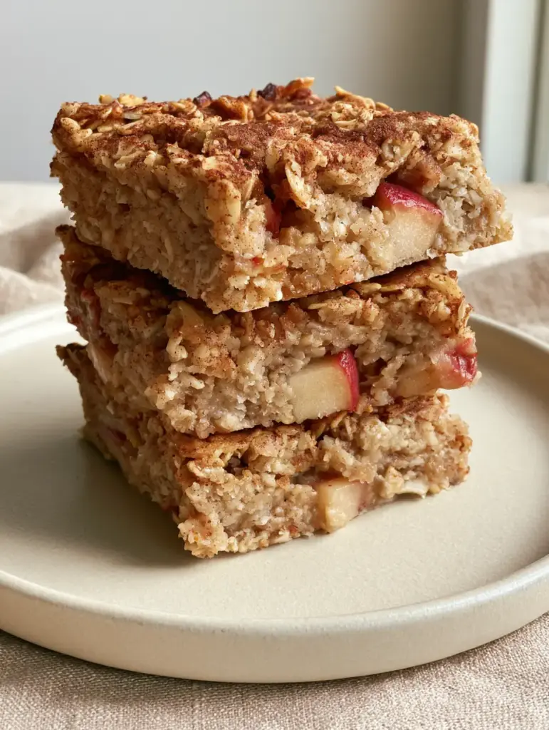 Apple Cinnamon Oat Bars: The Best Chewy Make-Ahead Breakfast 1 A side view of clean-cut Apple Cinnamon Oat Bars on a linen surface, highlighting the dense foundation of rolled oats.