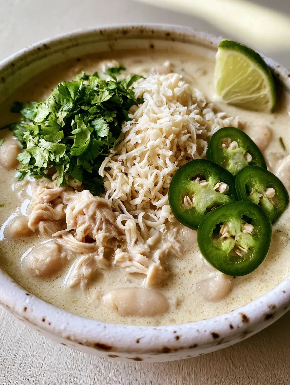 White Chicken Enchilada Soup: The Ultimate Creamy Comfort Food 3 Close-up of opaque ivory broth in White Chicken Enchilada Soup with shredded chicken and cannellini beans.