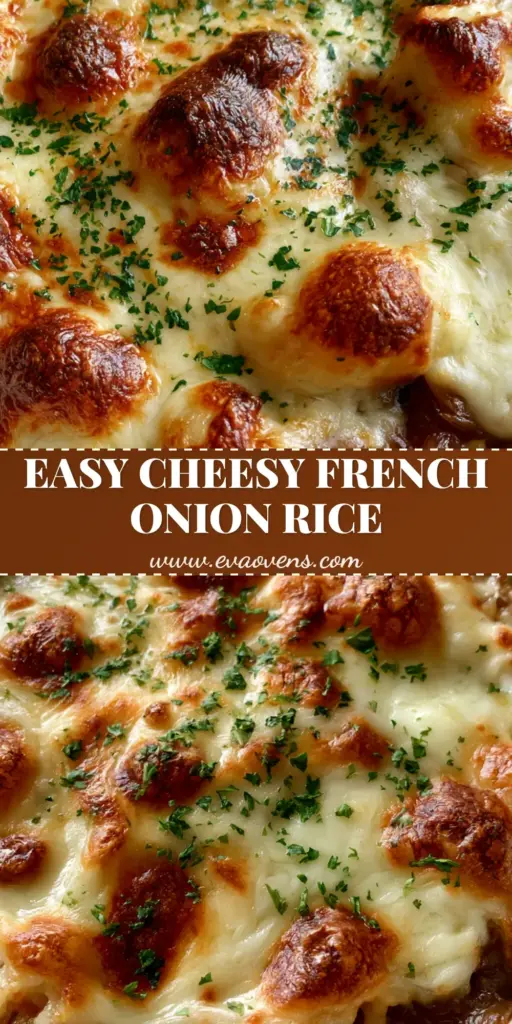 French Onion Soup Rice: The Most Comforting One-Pan Cheesy Casserole 4 A close-up vertical shot of French Onion Soup Rice in a white dish featuring melted charred Gruyere cheese and green parsley.