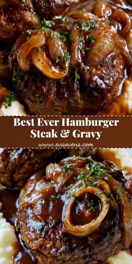 Hamburger Steak with Brown Gravy and Creamy Mashed Potatoes 4 Two thick seared Hamburger Steaks with Brown Gravy resting on creamy mashed potatoes in a white bowl.