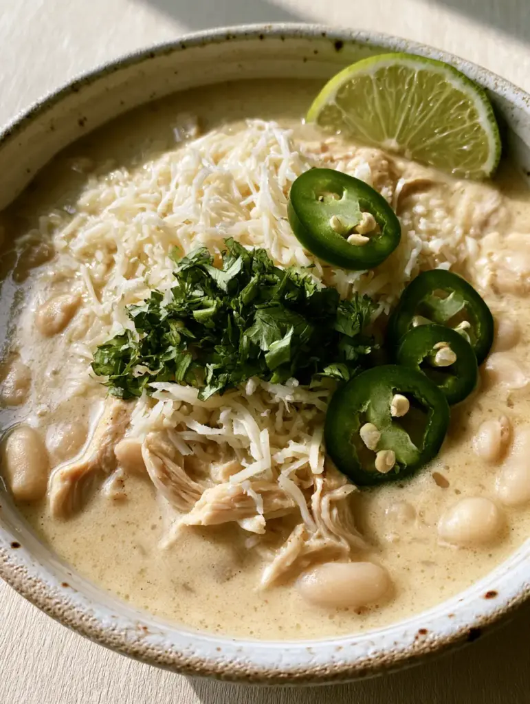 White Chicken Enchilada Soup: The Ultimate Creamy Comfort Food 1 Top view of White Chicken Enchilada Soup garnished with fresh lime, cilantro, and sliced raw jalapeños.