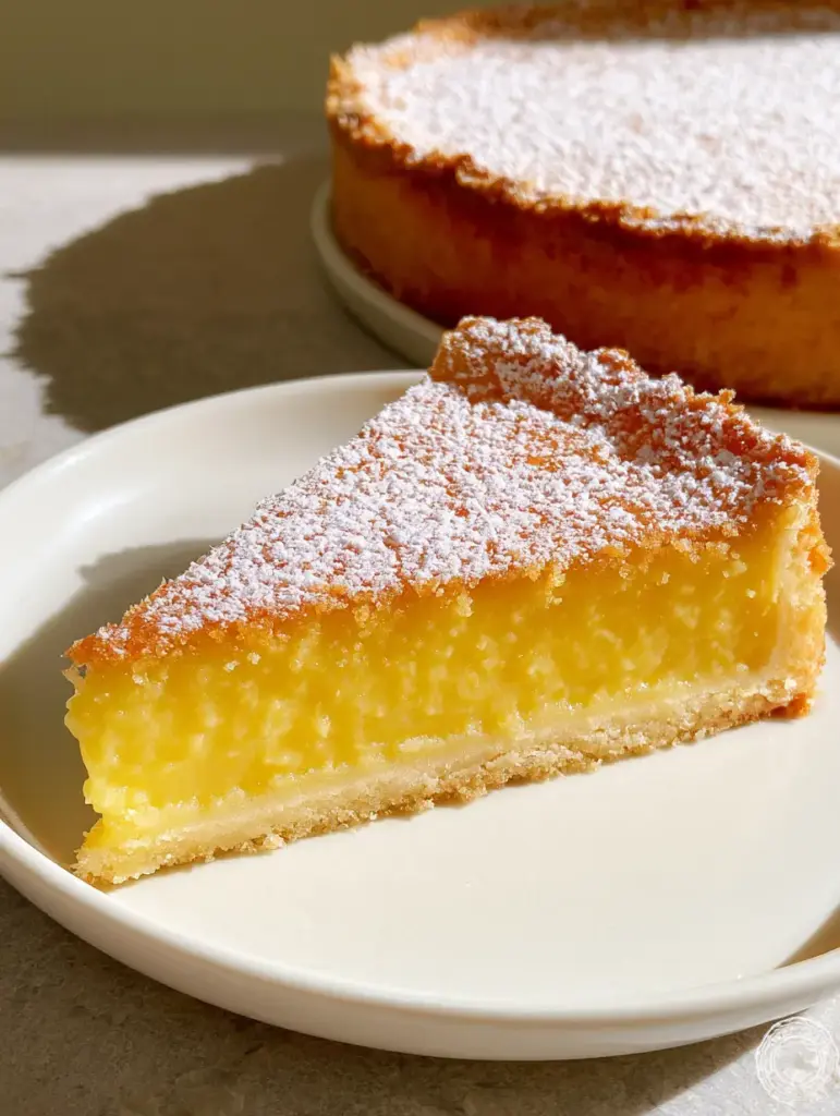 Italian Lemon Custard Cake: The Ultimate Buttery Citrus Delight 2 A top-down view of a slice of Italian Lemon Custard Cake showing the dense, smooth opaque vibrant yellow filling and powdered sugar.