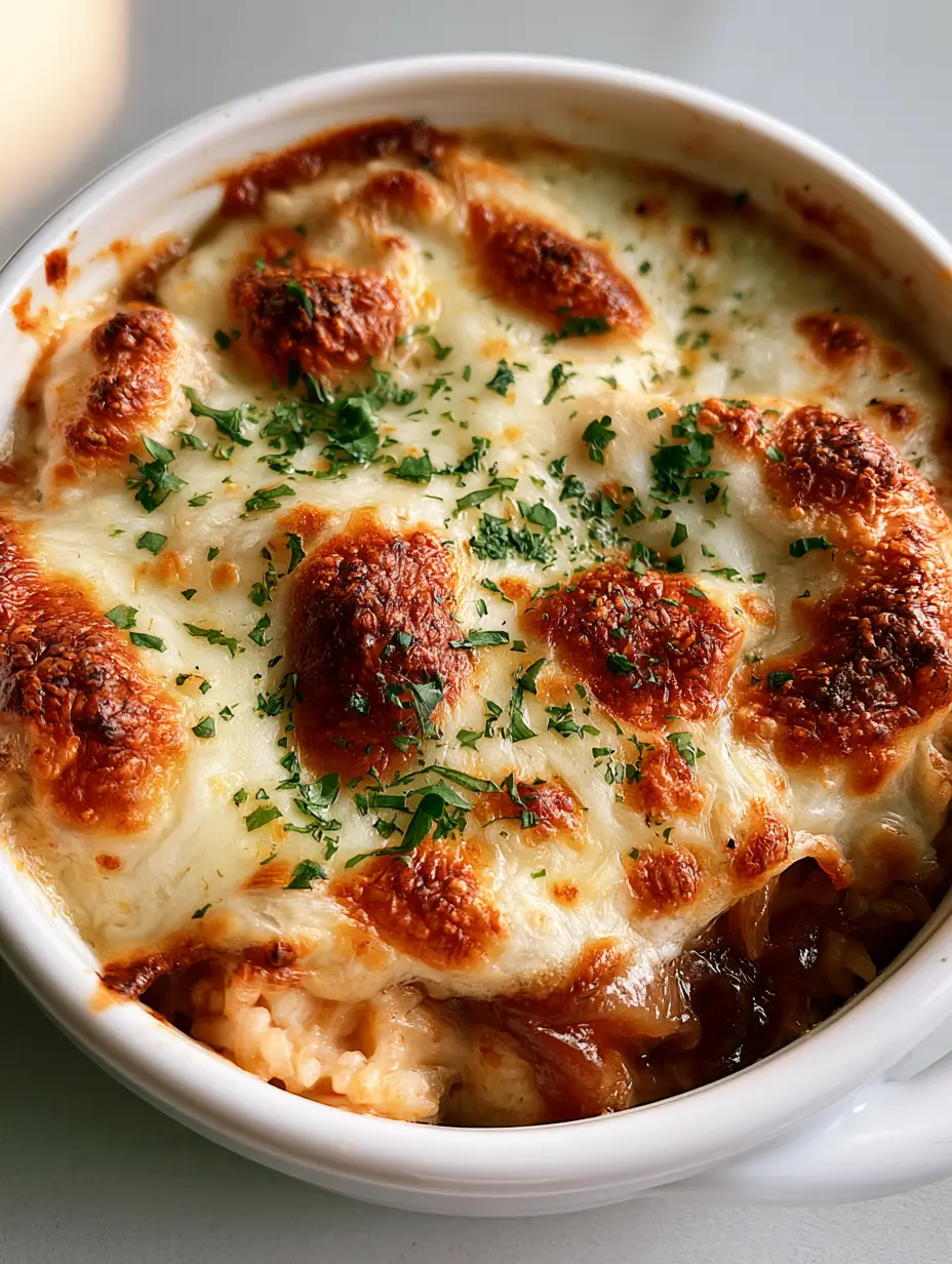 French Onion Soup Rice: The Most Comforting One-Pan Cheesy Casserole 3 Top down view of French Onion Soup Rice in a ceramic baking dish with caramelized onions and bubbly cheese.