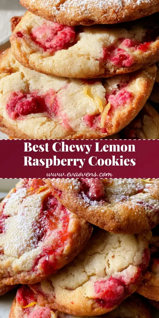 A stack of Lemon Raspberry Cookies featuring golden brown edges, fresh raspberry pieces, and red jam swirls on a rustic plate.