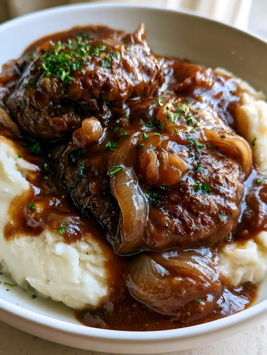 Hamburger Steak with Brown Gravy and Creamy Mashed Potatoes 3 Close-up of seared beef patties smothered in glossy dark-brown gravy with onion ribbons. (Hamburger Steak with Brown Gravy)