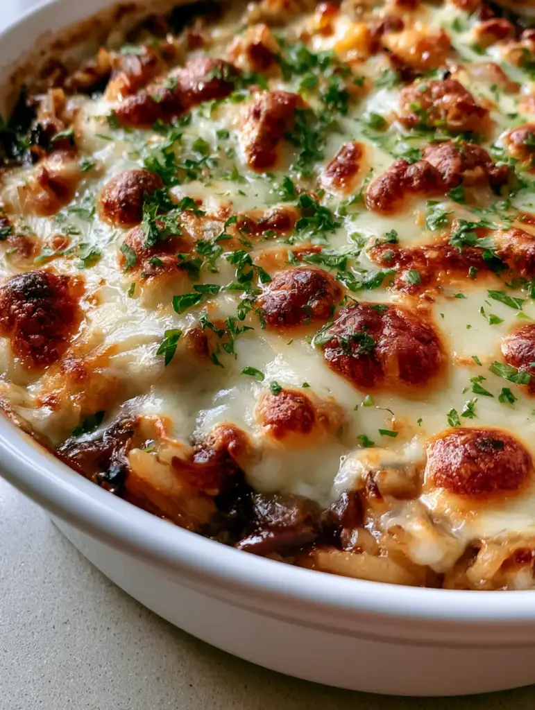 French Onion Soup Rice: The Most Comforting One-Pan Cheesy Casserole 1 A handheld photo showing the texture of French Onion Soup Rice with parsley garnish.