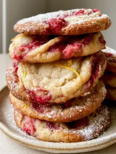 High-angle close-up of Lemon Raspberry Cookies showing the cracked center and thin slivers of lemon zest.