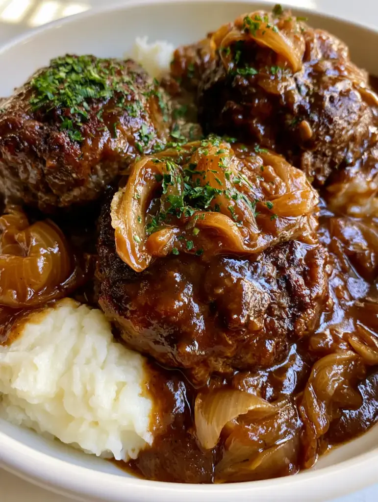 Hamburger Steak with Brown Gravy and Creamy Mashed Potatoes 1 A handheld shot of Hamburger Steak with Brown Gravy and translucent onion ribbons garnished with parsley.