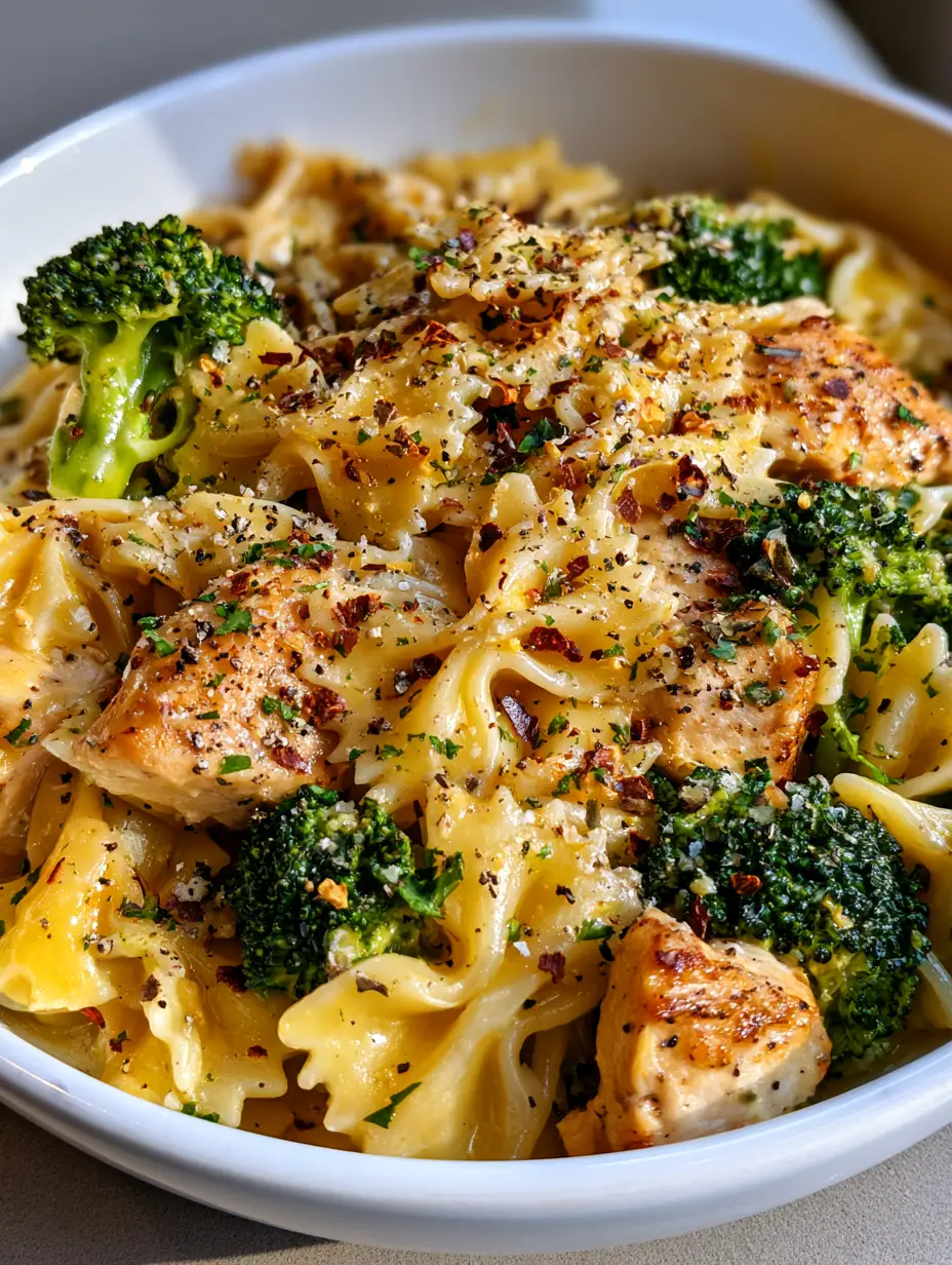 Cowboy Butter Chicken Pasta with Creamy Lemon Garlic Sauce 4 Close up handheld photo of Cowboy Butter Chicken Pasta with vibrant green broccoli and red pepper flakes.