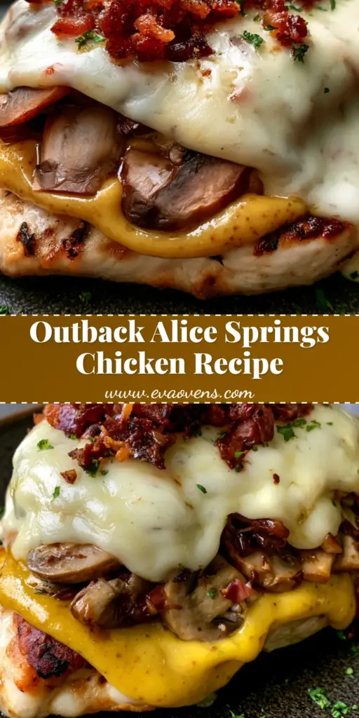 A close-up shot of Alice Springs Chicken with vibrant honey mustard sauce, mushrooms, crispy bacon, and bubbly Monterey Jack cheese. (Alice Springs Chicken Recipe)