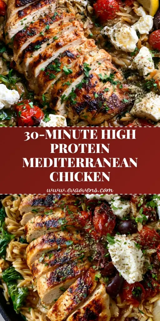 Mediterranean Chicken Orzo: The Ultimate One-Pan Skillet Meal 4 Top-down view of Mediterranean Chicken Orzo in a cast iron skillet with seared chicken, feta, and olives.