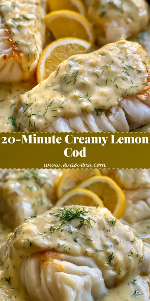 Creamy Lemon Dill Cod: The Ultimate 20-Minute Cast Iron Dinner 4 A top-down shot of three baked cod fillets in a black cast iron skillet, smothered in glossy creamy lemon dill sauce and garnished with fresh lemon slices. (Creamy Lemon Dill Cod)