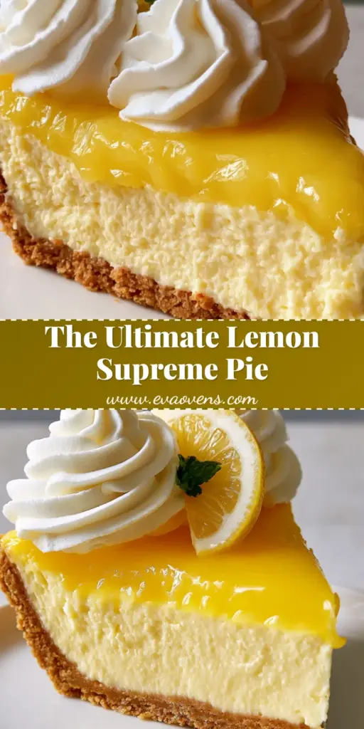 A vibrant slice of Lemon Supreme Pie featuring a thick graham cracker crust, smooth cream cheese filling, and glossy lemon curd topping on a white plate.