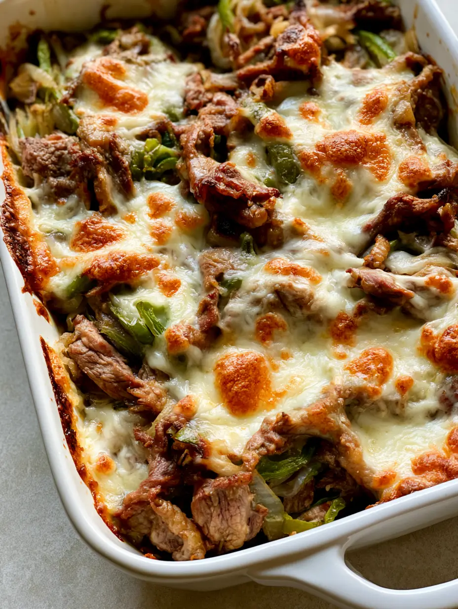 Close-up of molten provolone cheese with golden brown spots on a Keto Philly Cheesesteak Casserole.