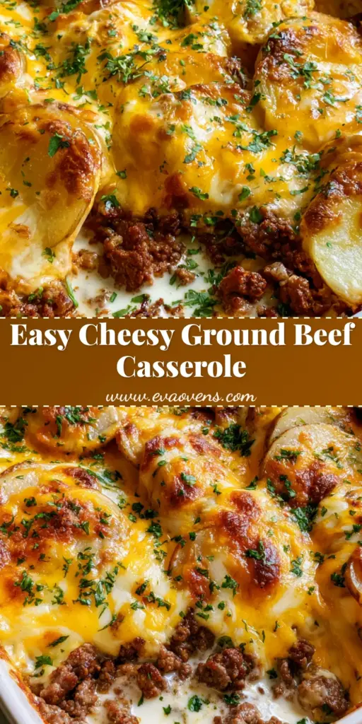 Ground Beef Potato Casserole with Creamy Cheddar Sauce 4 A top-down view of a Ground Beef Potato Casserole in a white dish, featuring bubbly melted yellow and white cheddar cheese and thinly sliced potatoes.