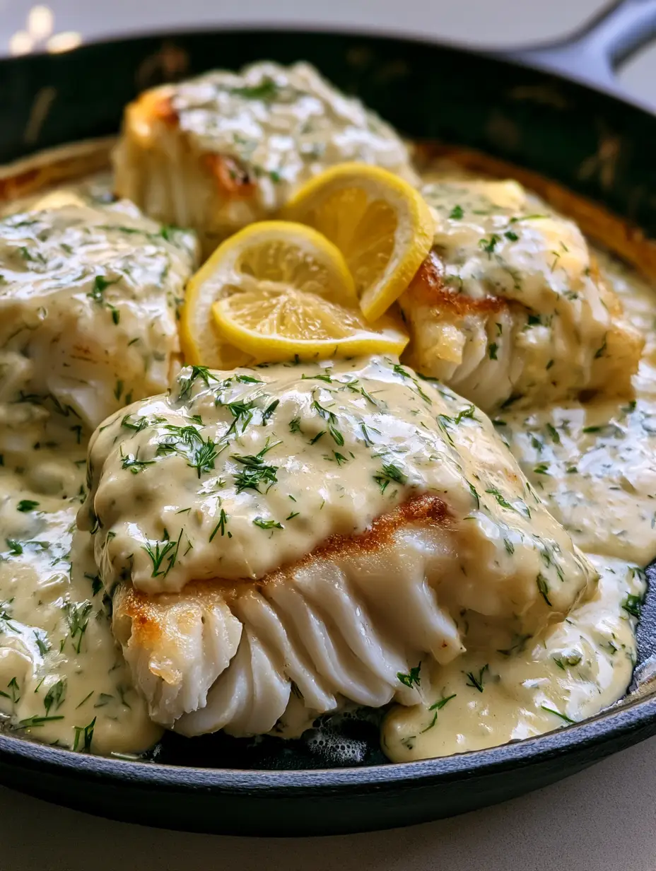 Creamy Lemon Dill Cod: The Ultimate 20-Minute Cast Iron Dinner 3 Close-up handheld photo of thick flaky cod fillets in a dark skillet with glossy pale-yellow sauce and fresh green dill. (Creamy Lemon Dill Cod)