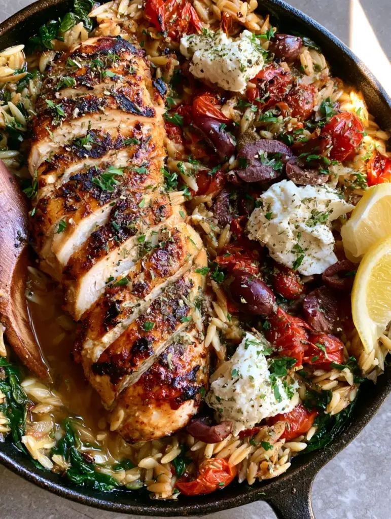 Mediterranean Chicken Orzo: The Ultimate One-Pan Skillet Meal 1 Rustic Mediterranean chicken orzo with feta chunks, kalamata olives, and fresh herbs in a black skillet.