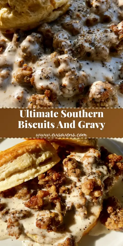 A close-up of Southern Biscuits and Gravy on a white plate with thick sausage gravy and coarse black pepper.