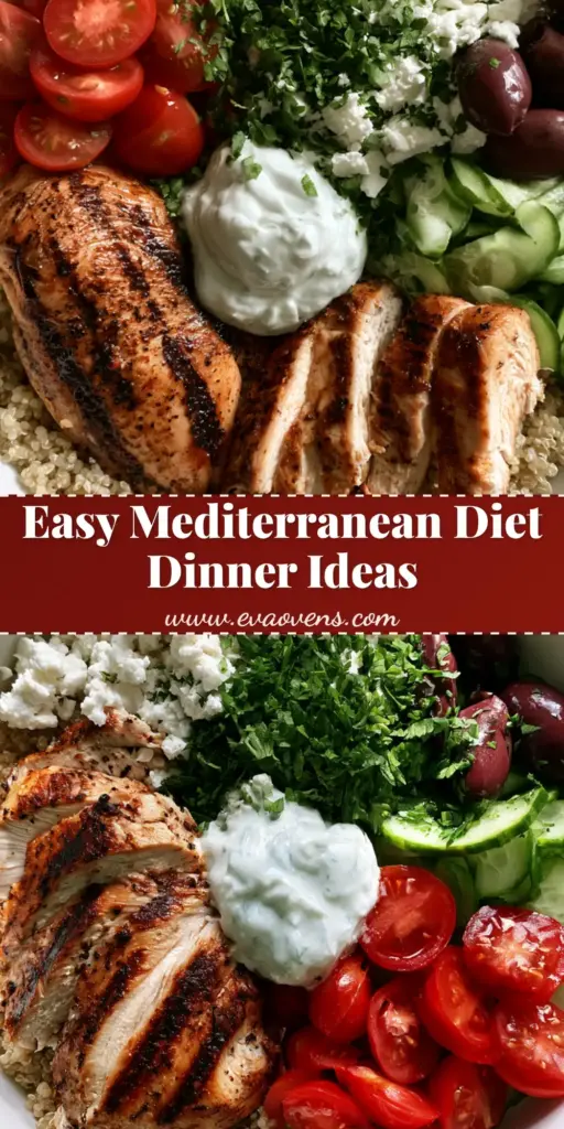 A smartphone-style photo of a white ceramic bowl featuring Mediterranean Diet Healthy Dinners with grilled chicken, quinoa, and tzatziki.