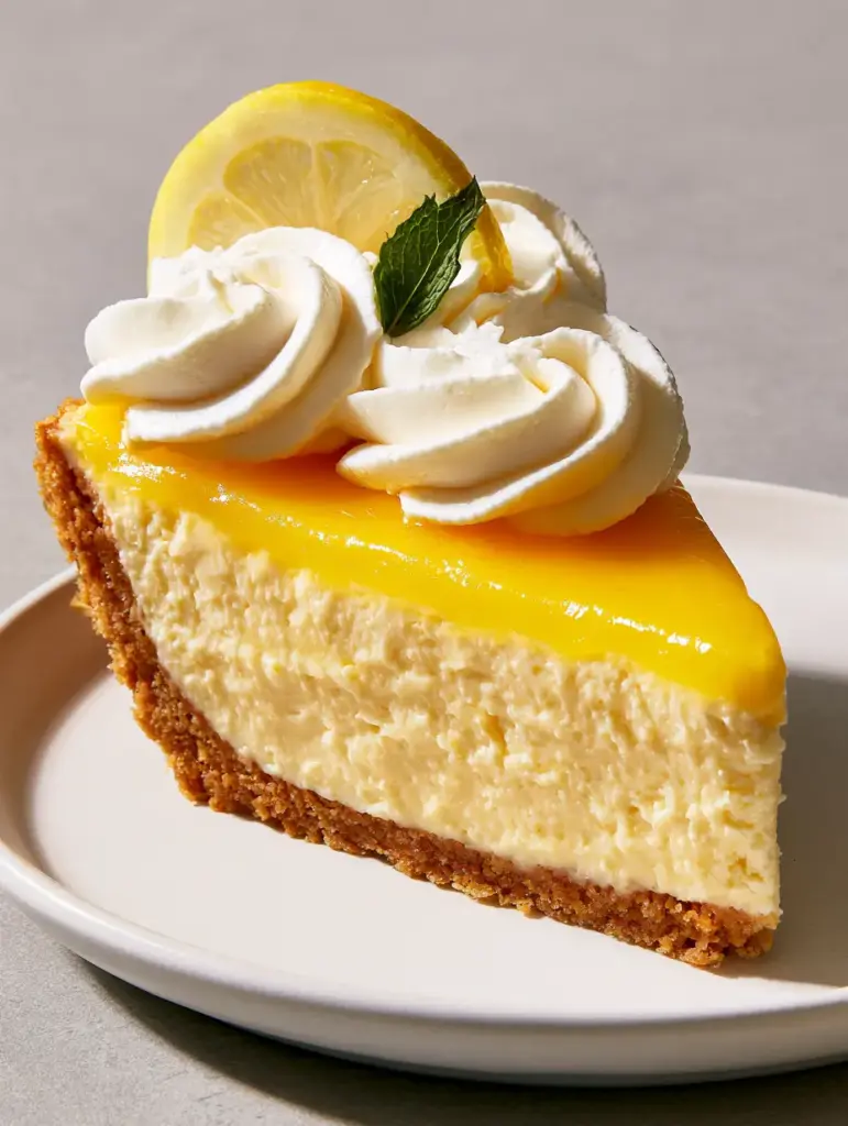 Close up of a single slice of Lemon Supreme Pie with three large piped whipped cream swirls and a mint leaf garnish.