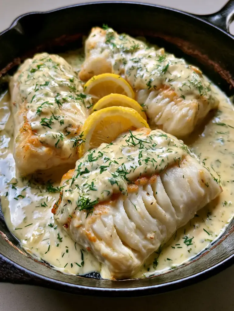 Creamy Lemon Dill Cod: The Ultimate 20-Minute Cast Iron Dinner 1 A close-up of cod fillets resting in a cast iron skillet showing heat marks and bright yellow lemon slices nestled in sauce.