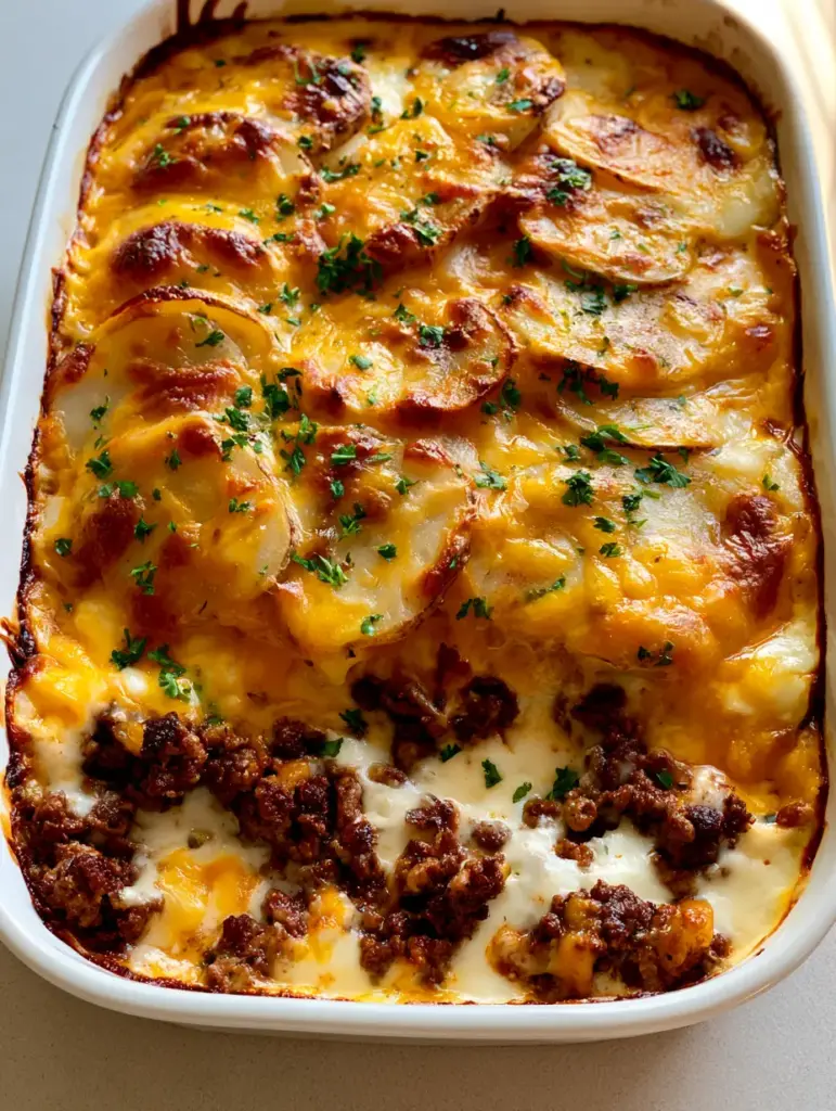 A high-angle photo of Ground Beef Potato Casserole showing overlapping thin rounds of tender potatoes and melted bubbly cheese.