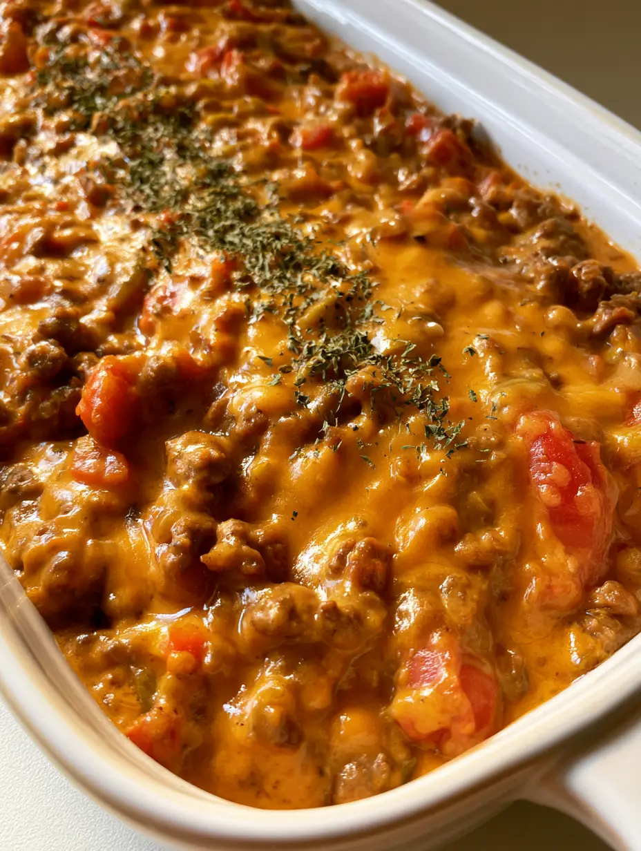 Beefy King Ranch Casserole: The Ultimate Cheesy Ground Beef Dinner 3 Top down view of a Beefy King Ranch Casserole showing the thick glossy molten orange cheese sauce and red tomato chunks.