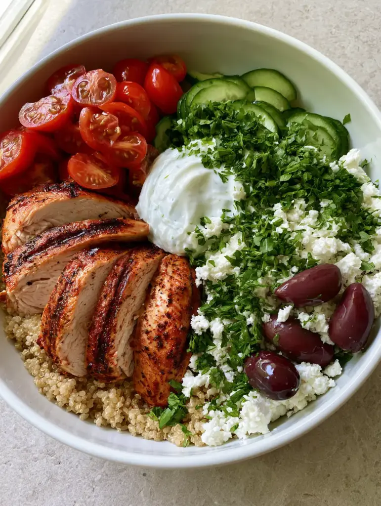 Close up of grilled chicken with char marks and fluffy quinoa in a white bowl for Mediterranean Diet Healthy Dinners.