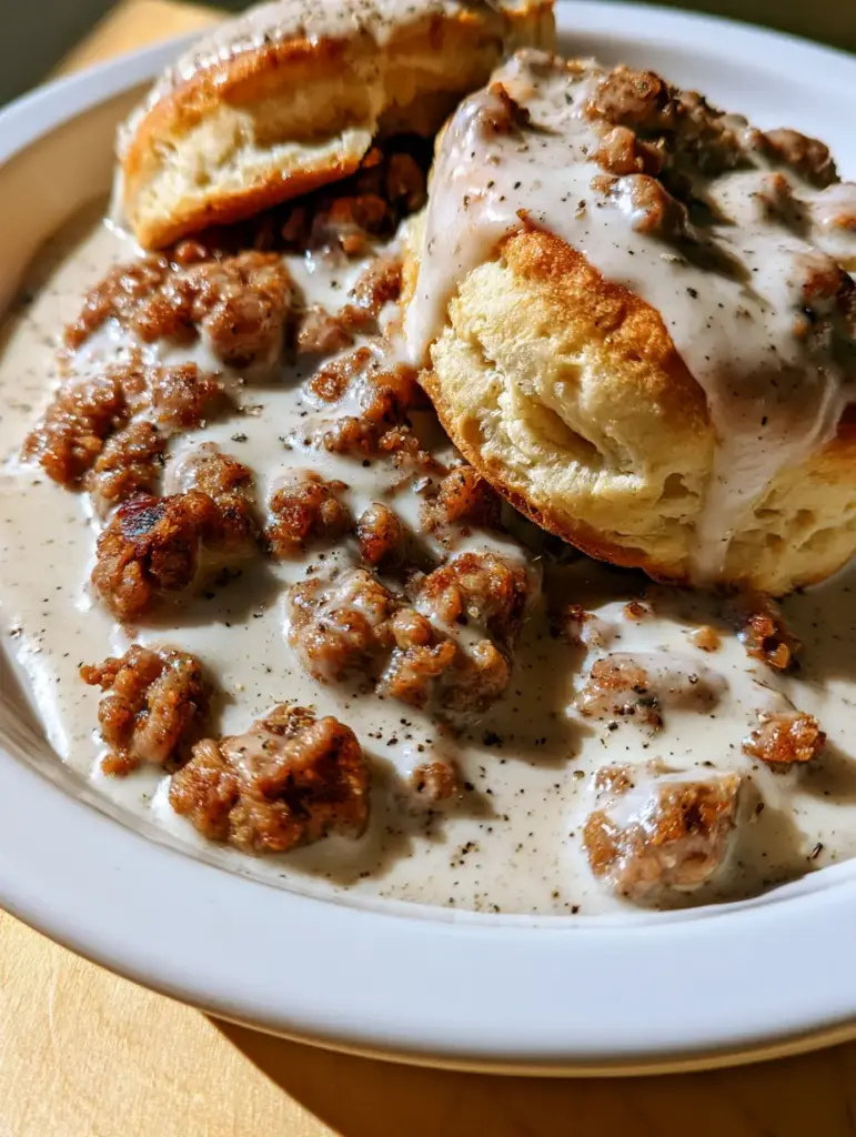 Handheld smartphone photo of golden-brown buttermilk biscuits sliced and covered in thick white sausage gravy. (Southern Biscuits and Gravy)