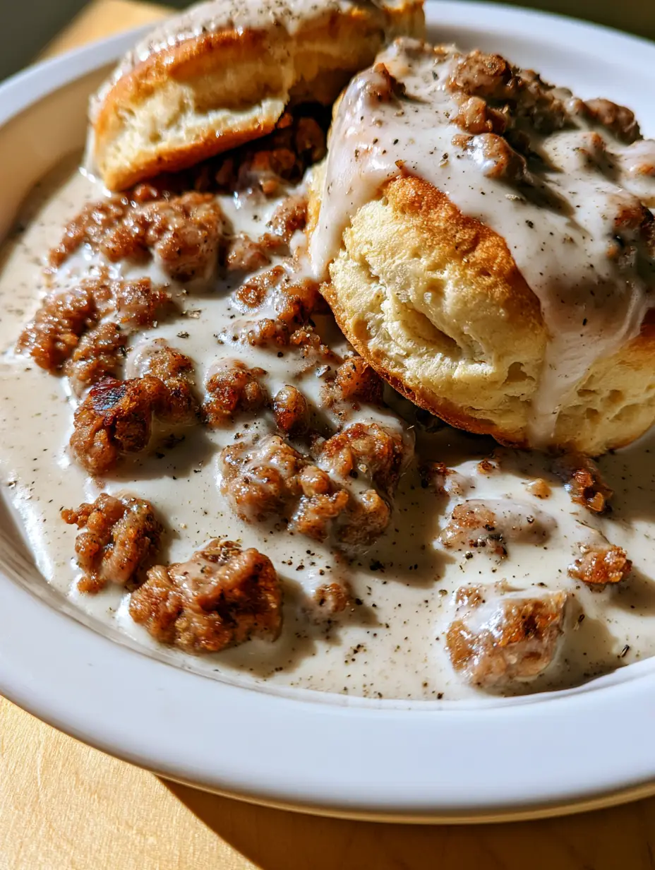 Handheld smartphone photo of golden-brown buttermilk biscuits sliced and covered in thick white sausage gravy. (Southern Biscuits and Gravy)