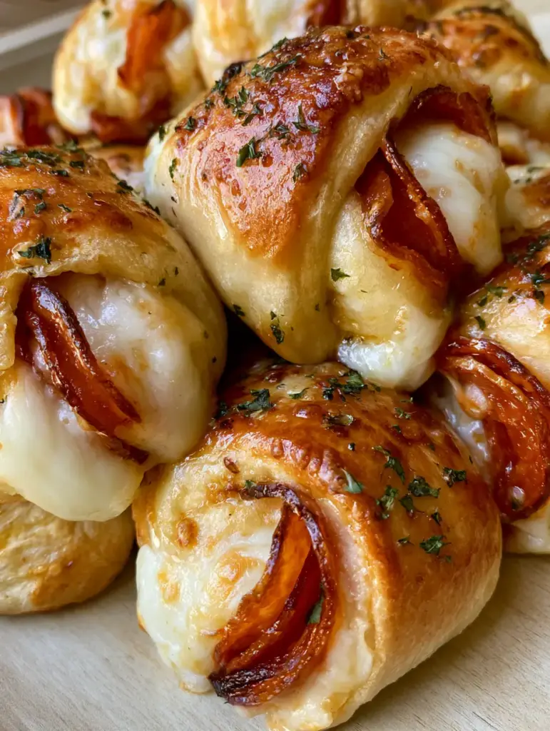 Close-up of a golden pepperoni roll held in hand, showing the glistening garlic butter and dried parsley flakes. (Easy Pepperoni Rolls Recipe)