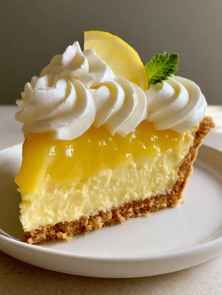 Overhead shot of a Lemon Supreme Pie slice showcasing the glossy, vibrant yellow lemon curd layer.