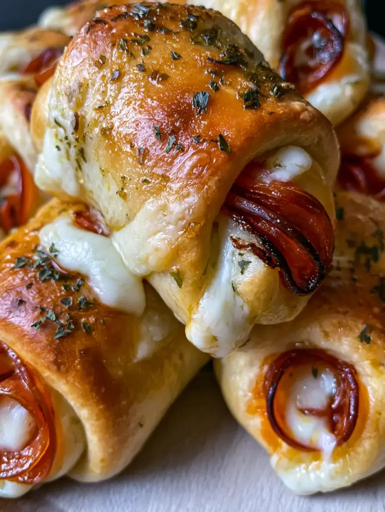 Easy Pepperoni Rolls Recipe with Garlic Herb Butter 1 A pile of soft, pillowy pepperoni rolls on a light wood surface with visible crisped pepperoni and molten mozzarella cheese.