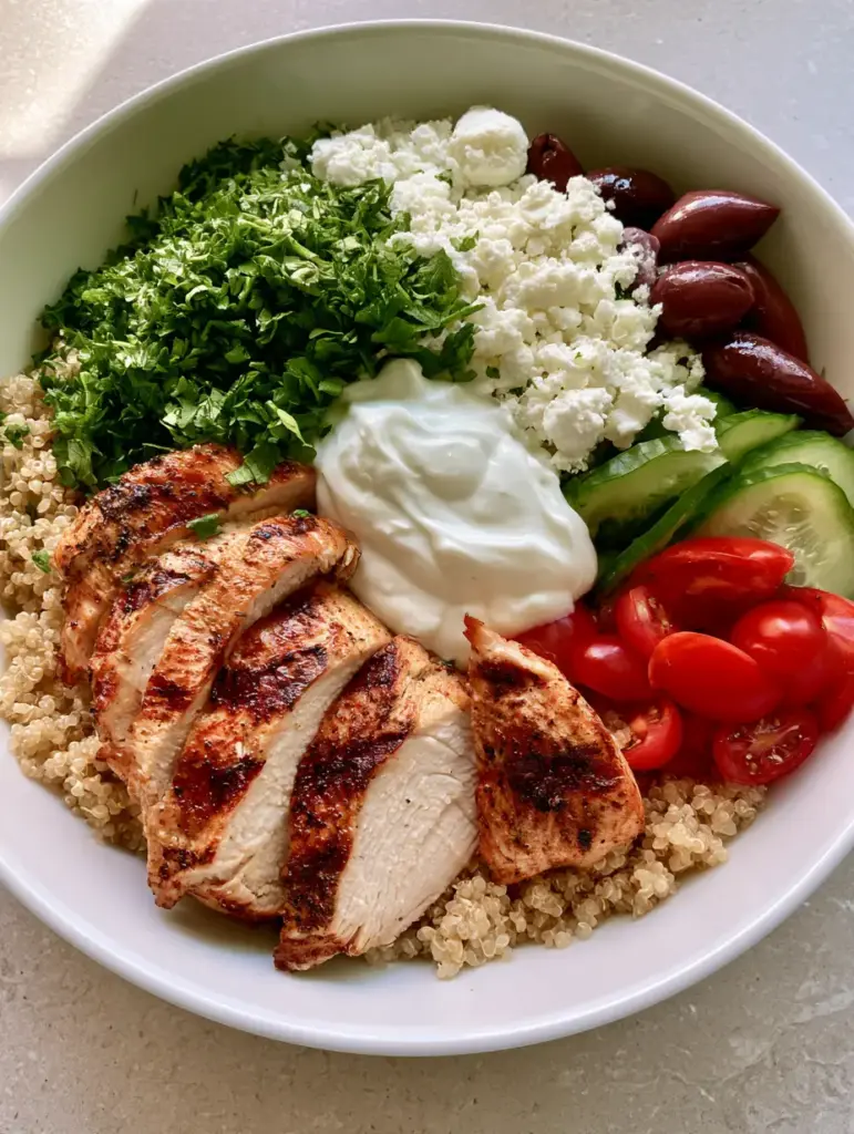 A vibrant Mediterranean bowl with red tomatoes, green cucumbers, and creamy white tzatziki sauce representing Mediterranean Diet Healthy Dinners.