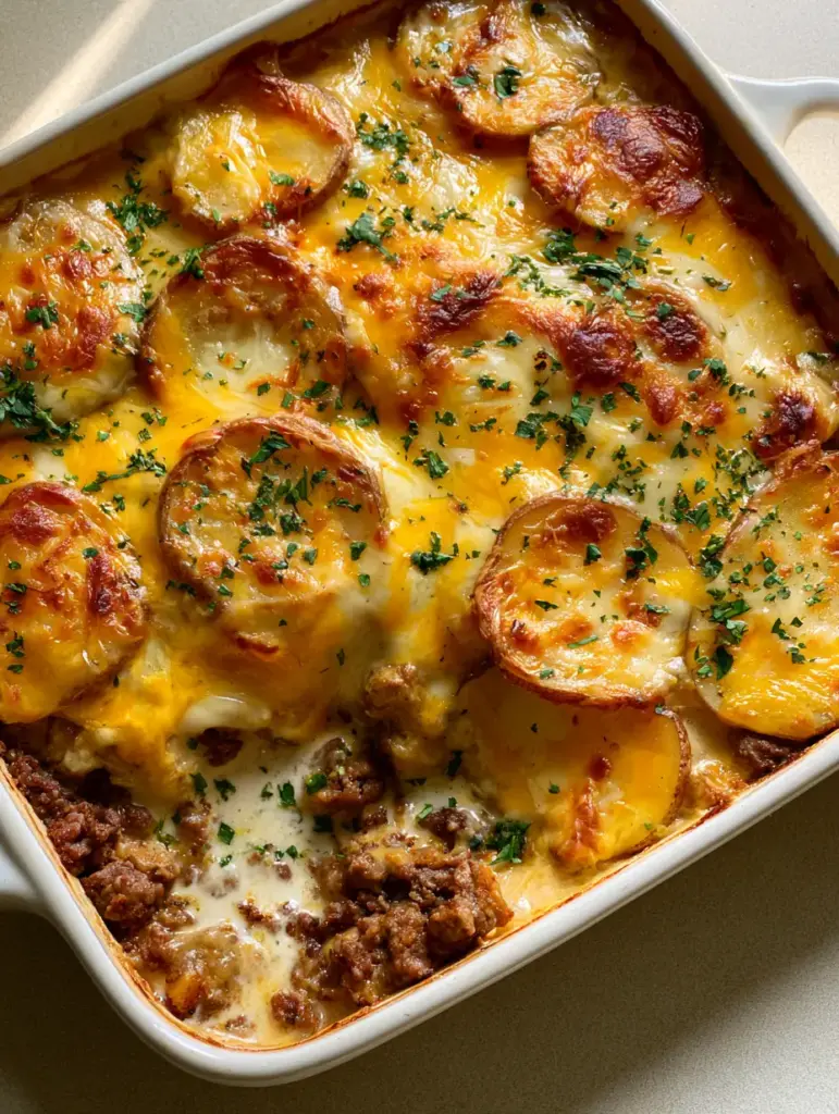 Ground Beef Potato Casserole with Creamy Cheddar Sauce 1 Close-up of a white ceramic dish filled with Ground Beef Potato Casserole, creamy white sauce, and fresh parsley garnish.