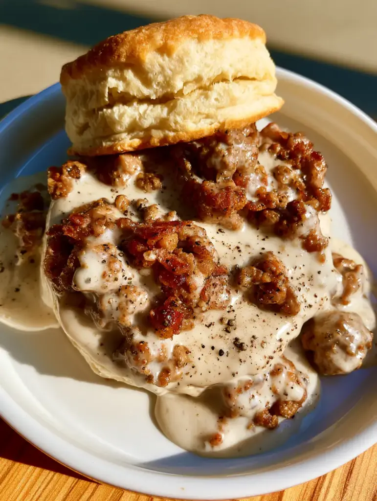 Two large fluffy biscuits smothered in savory pork sausage gravy with visible black pepper specks.