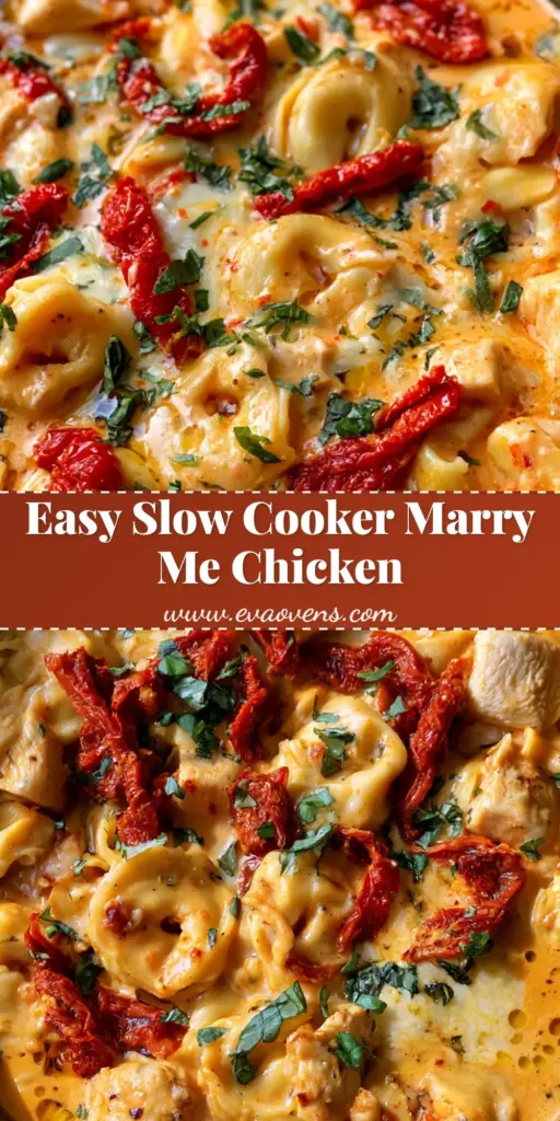 A close-up shot of Marry Me Chicken Tortellini in a slow cooker, featuring pillowy pasta, orange sauce, and sun-dried tomatoes.