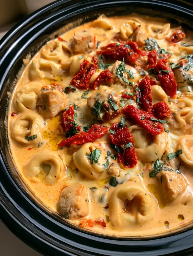 Top-down view of Marry Me Chicken Tortellini with visible chicken chunks and fresh basil in a black ceramic pot.