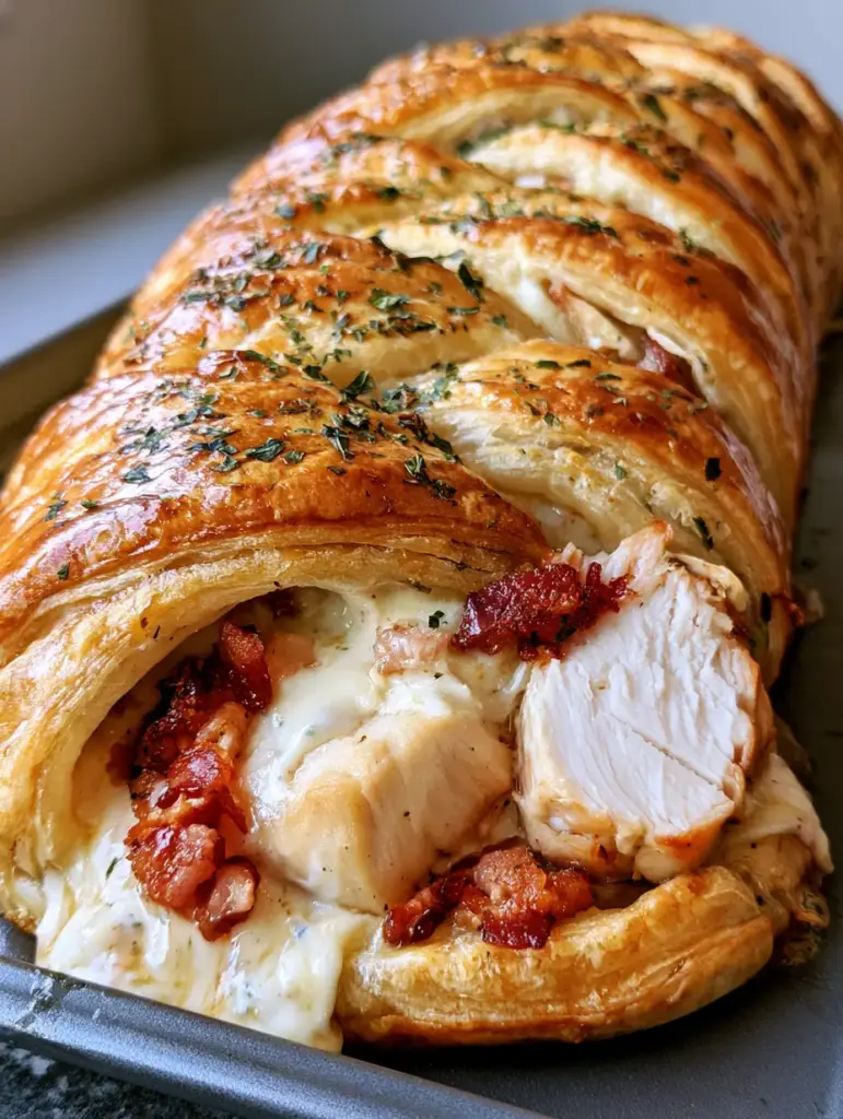 Chicken Bacon Ranch Stromboli with Flaky Braided Puff Pastry 1 Interior cross-section of Chicken Bacon Ranch Stromboli showing melted white mozzarella and crispy bacon chunks.