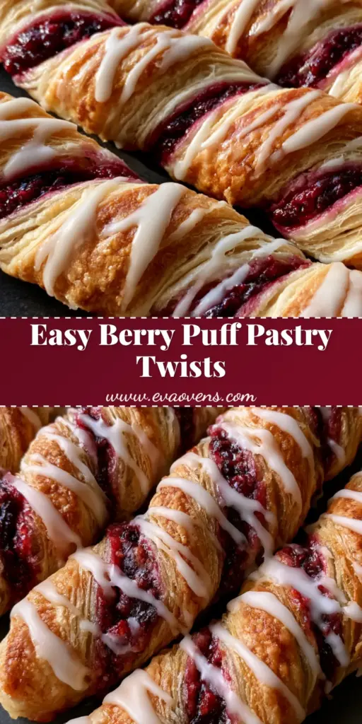 A tall vertical shot of golden-brown Berry Puff Pastry Twists with a thick white sugar icing drizzle and visible berry jam filling.
