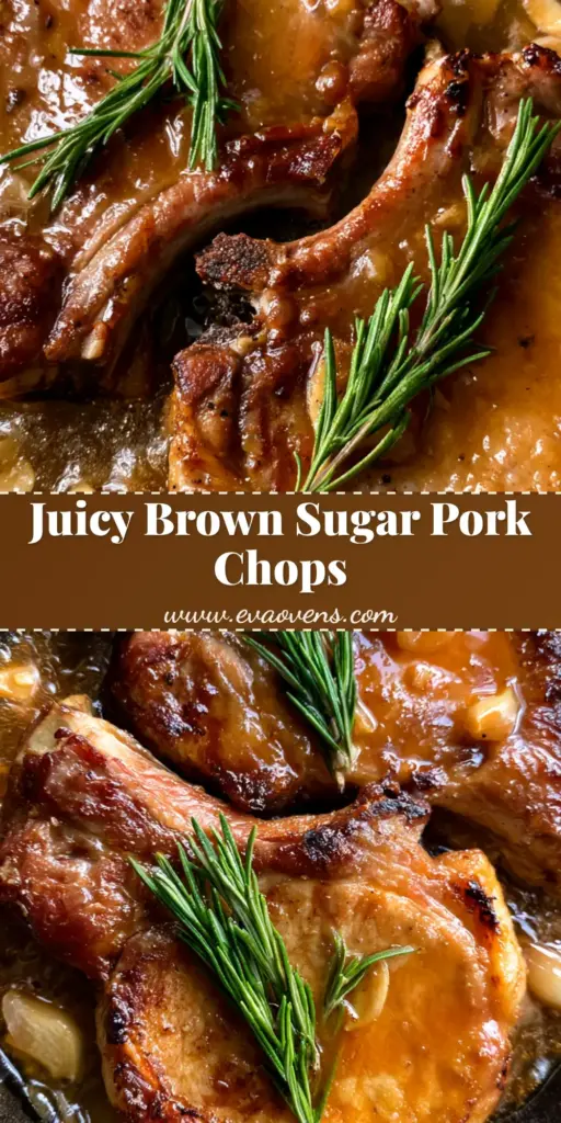 A top-down view of Brown Sugar Pork Chops in a cast iron skillet with a thick, glistening amber glaze and fresh rosemary sprigs.