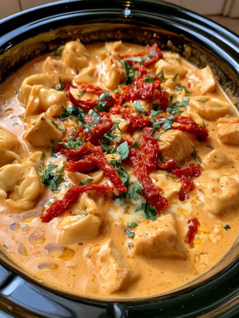 Close-up of melted cheese remnants and sun-dried tomato strips on Marry Me Chicken Tortellini.