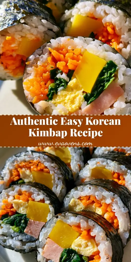 A stack of sliced Korean kimbap showing vibrant layers of orange carrots, yellow radish, and green spinach wrapped in dark seaweed. (Korean Kimbap Recipe)
