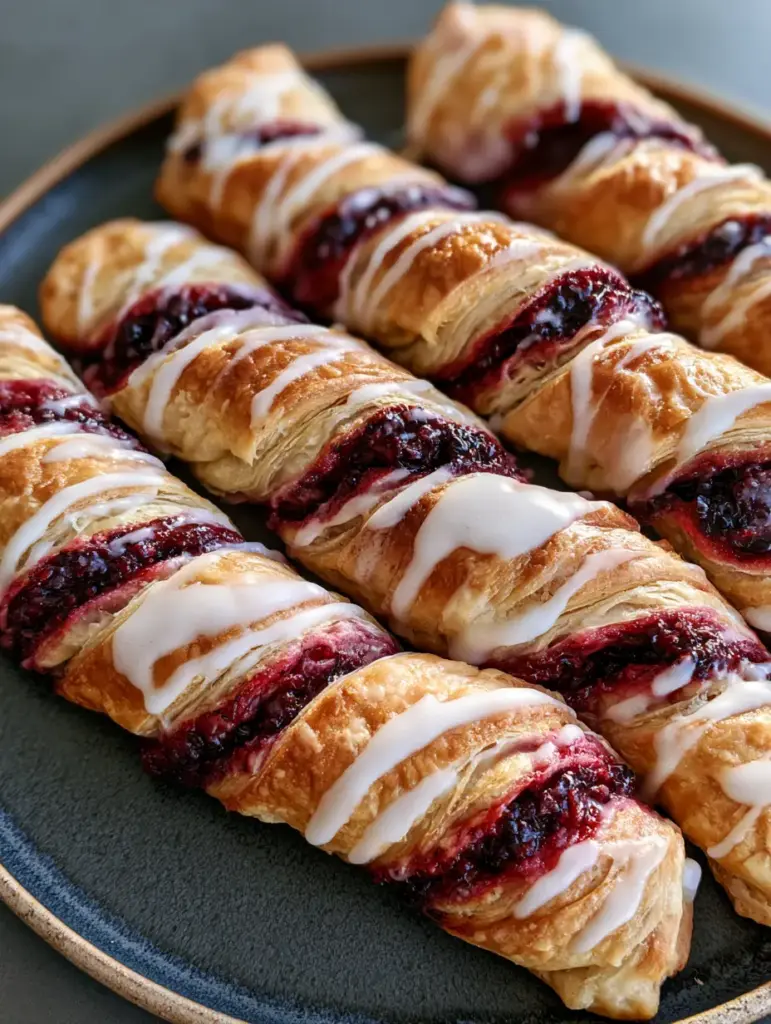 Close-up of elongated Berry Puff Pastry Twists revealing spiraled layers and deep purple berry jam.