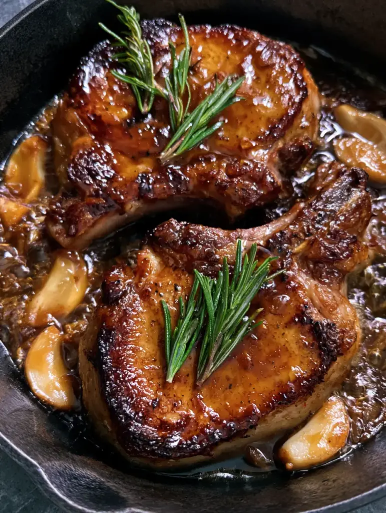 Close-up of two bone-in Brown Sugar Pork Chops featuring a deep golden-brown sear and bubbling caramel glaze.